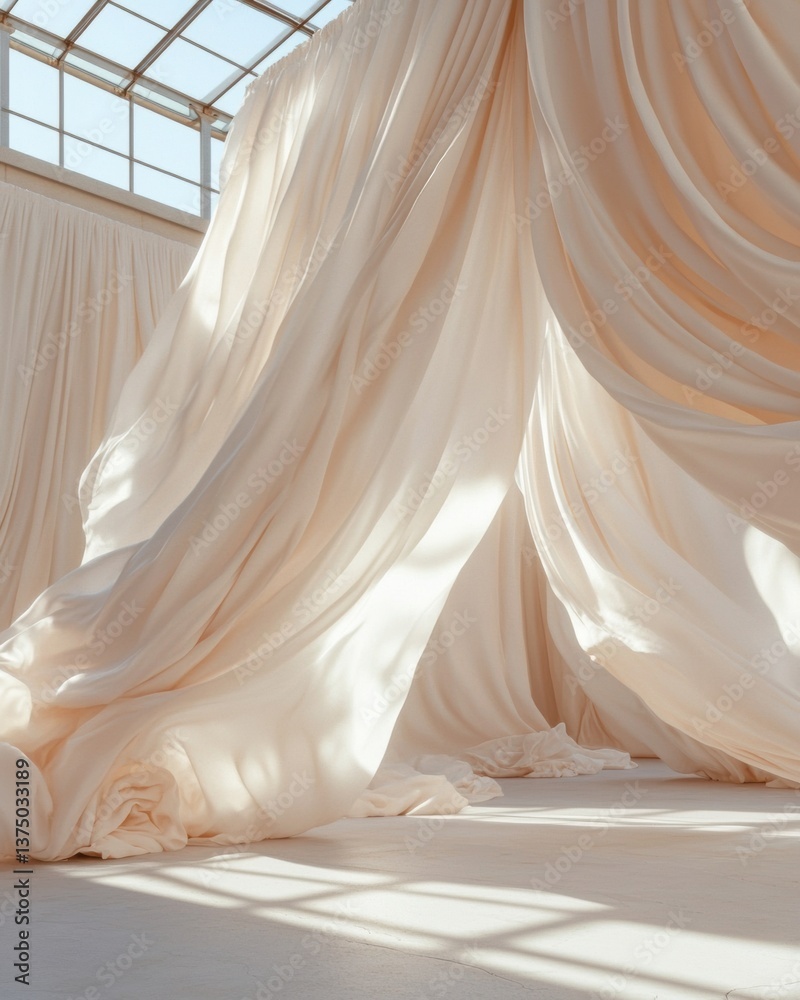 Poster ethereal stage design minimalist soft-draped architectural curtains creating immersive visual narrat