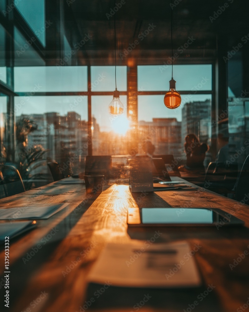 Poster illuminated strategy golden hour workspace design showcasing collaborative innovation and mindful co