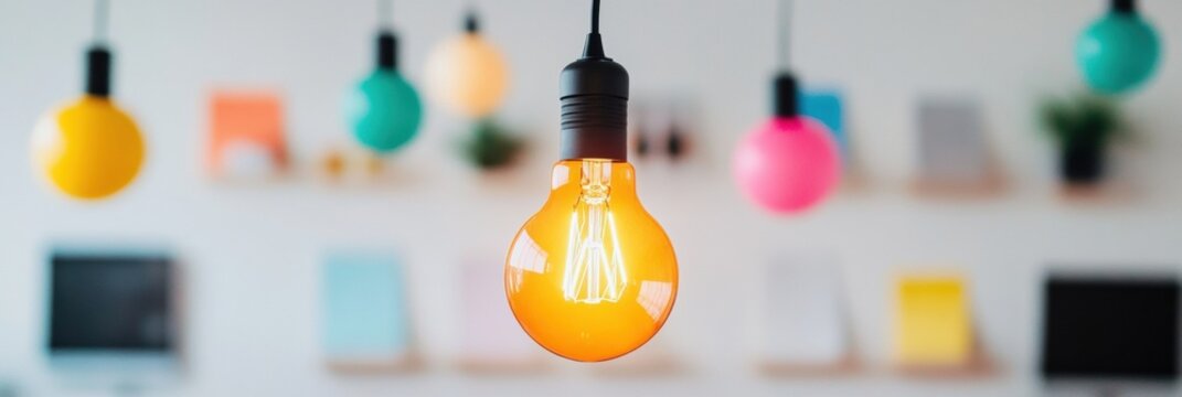 Vibrant Creative Spark Innovative Minimalist Workspace Design with Colorful Hanging Light Bulbs - Inspiring Productivity and Modern Workplace Aesthetics