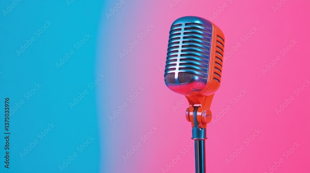Leinwandbilder Vibrant Retro Soundwave Vintage Chrome Microphone in Synthwave Aesthetic - Dynamic Content Creation and Performance Branding for Digital Creators