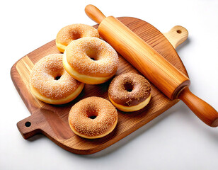 Donuts on a wooden cutting board with a rolling pin in white background 