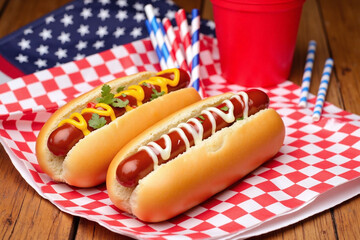 couple of hot dogs sitting on top of a red white and blue napkin