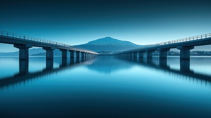 Calm, reflective bridge over serene lake at dawn. Mountain silhouettes in the distance