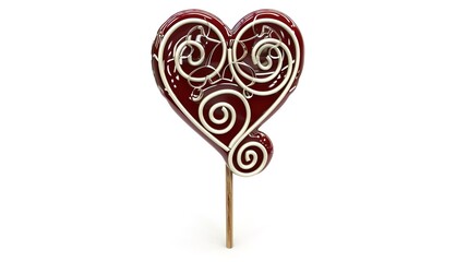 A heart-shaped red lollipop with white swirls that is mounted on a wooden stick and isolated against a white background. The lollipop showcases a visually appealing design and could be used for variou