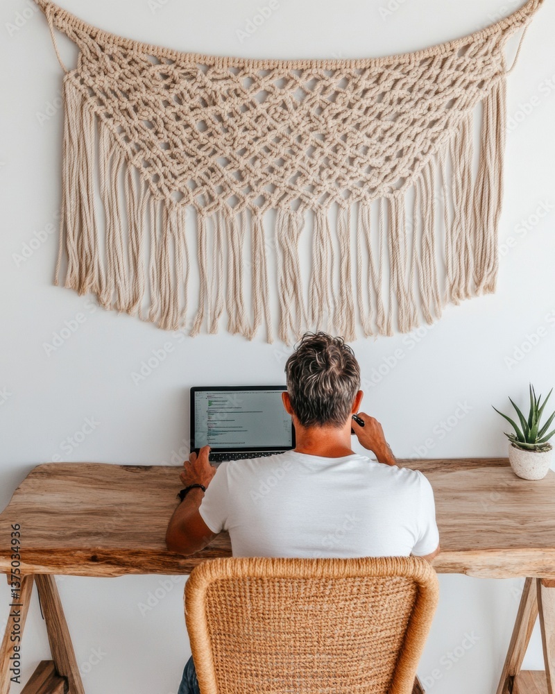 Aufkleber Bohemian Digital Nomad Workspace Artisanal Macrame and Rustic Wood - Modern Flexible Work Design for Creative Professionals and Remote Entrepreneurs