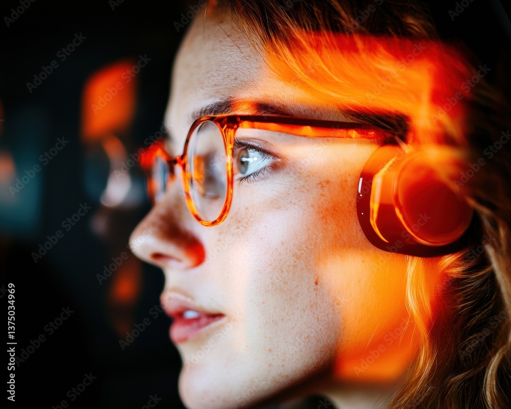 Poster immersive tech mindset dynamic gen z professional in sleek amber glasses and audio headset - creativ