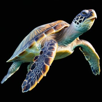 Vibrant digital illustration of a flying sea turtle with colorful shell and detailed features on black background.