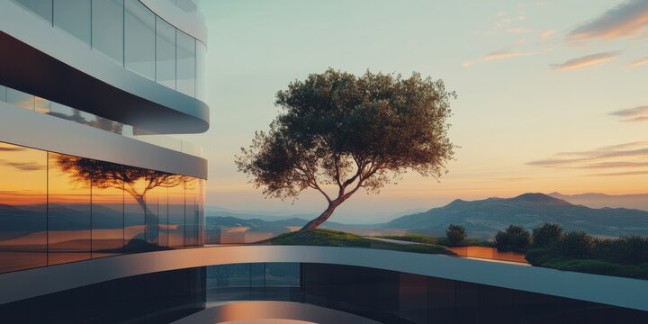 Minimalist Architectural Wellness Sustainable Design Fusion of Nature and Glass, Tranquil Sunset Landscape Inspiring Mindful Living and Architectural Innovation