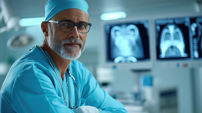 A confident mature male surgeon in teal scrubs looks directly at the camera with medical images displayed on monitors in a modern operating room. - Powered by Adobe