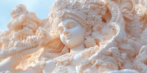 Universal Day of Culture Ethereal Ceramic Goddess Saraswati Sculpture - Mindful Artistry and Cultural Heritage Preservation in Soft Pastel Aesthetic for Global Creative Inspiration