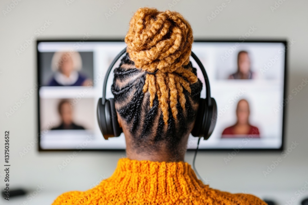 Poster hybrid workspace evolution inclusive digital collaboration with textured braids, ergonomic tech and 