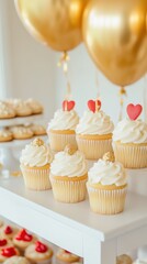 Champagne Gold Graduation Elegance Luxe Cupcake Celebration with Heart Toppers - Millennial Party Design for Memorable Achievement Moments