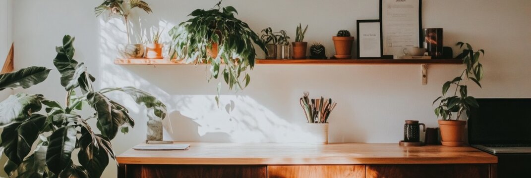 Minimalist Home Office Sanctuary National Bean Counter Day Workspace Design with Botanical Wellness, Sustainable Digital Productivity Aesthetic - Powered by Adobe