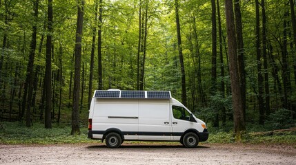 A white van with solar panels parked in a lush green forest, highlighting eco-friendly travel and outdoor adventures.
