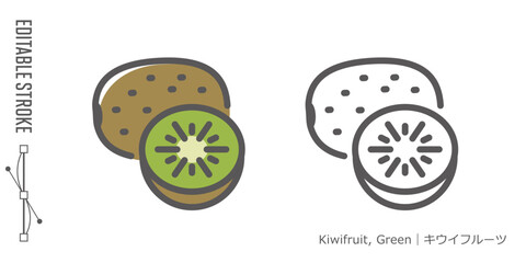 フルーツのラインアイコンと色付きアイコンのセット｜キウイフルーツ・グリーン