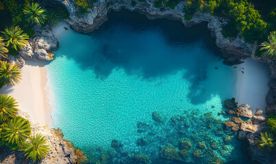 Aerial View of Secluded Tropical Cove with Turquoise Water and White Sand Beach