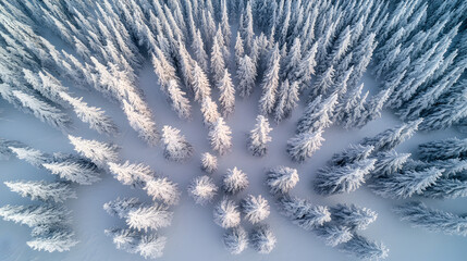 Aerial View of Snow Covered Coniferous Forest in Winter