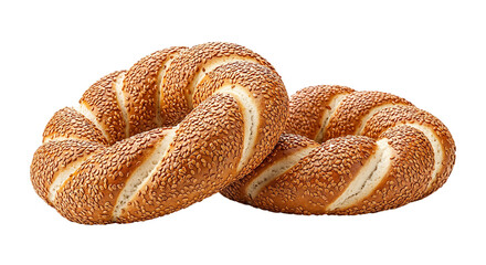 Two traditional twisted Turkish simit breads covered in sesame seeds, isolated on transparent background
