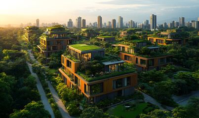 Aerial View of Sustainable City with Green Rooftop Buildings at Sunset