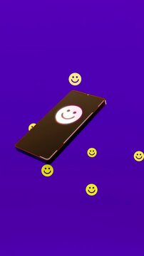 A floating cell phone on a flat background with icon and symbols floating out