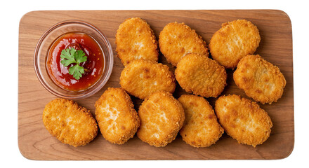 Crispy golden chicken nuggets with parsley-garnished ketchup dip served on a wooden board, isolated on transparent background

