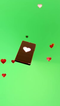 A floating cell phone on a flat background with icon and symbols floating out