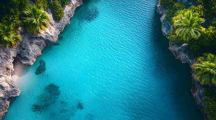 Aerial View of Tropical Beach with Turquoise Water and Palm Trees