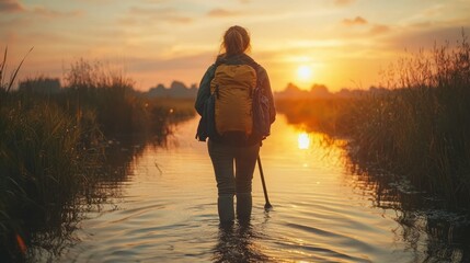 Sunset Hike: Woman trekking through tranquil waters during a golden hour adventure