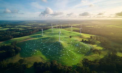 Aerial View of Wind Turbines on a Green Hill