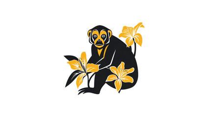 Obraz premium Elegant Black Monkey Silhouette with Golden Lilies