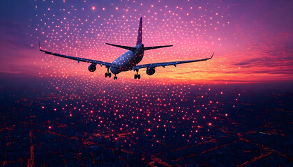 Airplane Descending Over City at Sunset