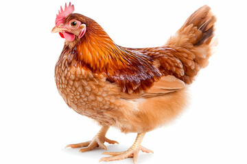 Fototapeta premium A reddish-brown hen, standing against a white background . AI generative