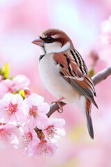 A small bird perched on a delicate branch amidst blooming pink flowers . AI generative