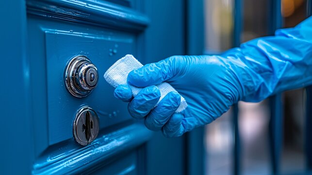 Cleaning door handle for safety urban environment photo close-up health concept