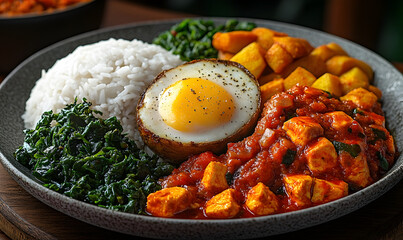 Aromatic Tofu Curry with Rice and Egg, Served with Spinach and Potatoes