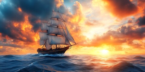 Obraz premium Sunset Sailboat Ocean Voyage.