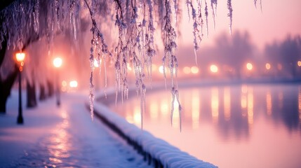 Winter wonderland at dawn.  Icicles hang from branches over a calm river, bathed in soft, warm light