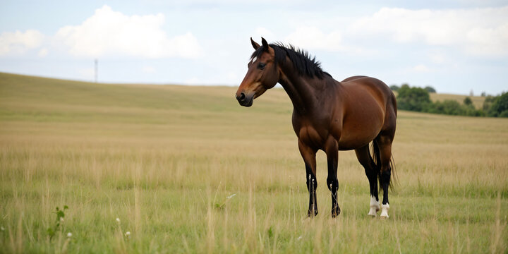 Brown horse Welsh pony standing in high grass by sunset - Powered by Adobe