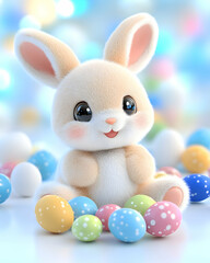 Fototapeta premium Adorable cartoon bunny surrounded by pastel Easter eggs . AI generative