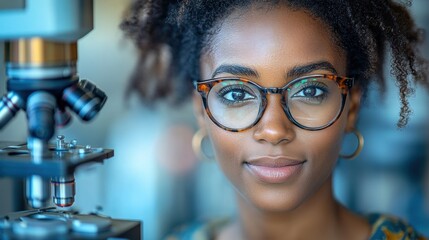 Portrait of a Focused Black Woman Scientist in Lab with Microscope, Wearing Glasses and Gold Earrings, Close-up