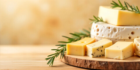 Yellow cheese wooden cutting board on wooden table blurred background
