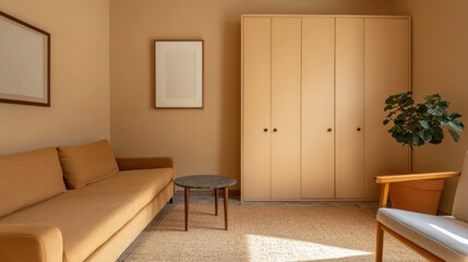 Fototapeta premium Minimalist interior design neutral tones space planning. Cozy, minimalist living space with a warm color palette and modern furniture.