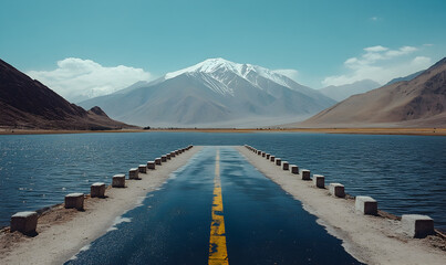 Asphalt Road Through a Serene Mountain Lake