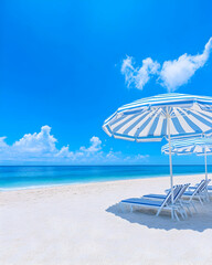Obraz premium Beach scene with white sand, turquoise water, blue sky, and striped beach umbrellas . AI generative