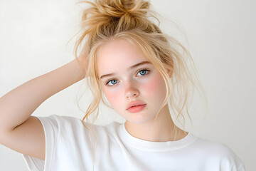 Naklejka premium Blonde teen girl with messy bun, wearing white t-shirt, looking at camera . AI generative