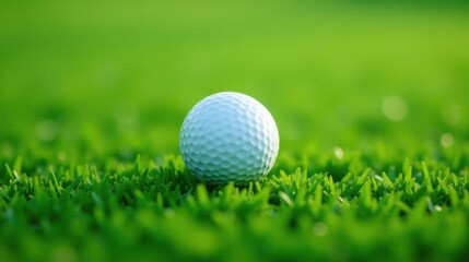 Fototapeta premium A single golf ball rests gently on a vibrant green putting green, ready for the next stroke, symbolizing precision, skill, and the thrill of the game.