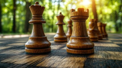 Fototapeta premium Wooden chess pieces on a rustic board outdoors