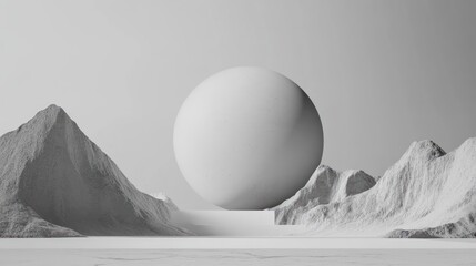 Monochromatic Mountainscape: A Giant Sphere Dominates a Minimalist Landscape