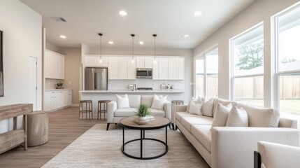 Fototapeta premium Minimalist interior design neutral tones space planning. Modern living room with an open kitchen, featuring neutral colors and natural light.