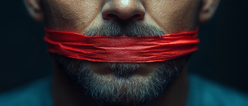 Caucasian man is silenced with red tape on his mouth, symbolizing censorship and freedom of speech